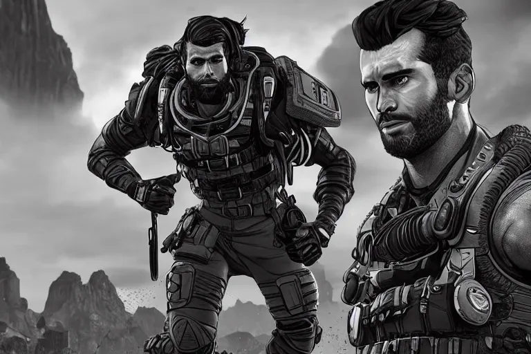 Image similar to gigachad in apex legends, ingame screenshot, black and white, high detail