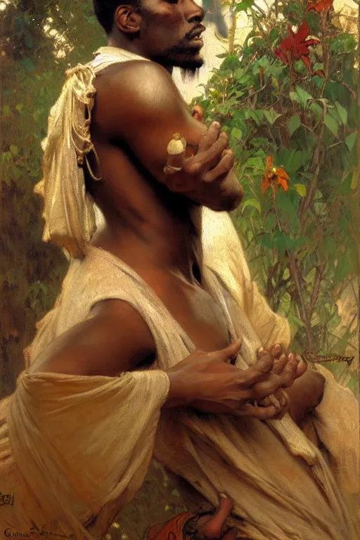 Image similar to attractive african man, painting by gaston bussiere, craig mullins, greg rutkowski, alphonse mucha