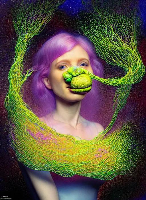 Image similar to hyper detailed 3d render like a Oil painting - Aurora (Singer) looking adorable and seen joyfully Eating of the Strangling network of yellowcake aerochrome and milky Fruit and Her delicate Hands hold of gossamer polyp blossoms bring iridescent fungal flowers whose spores black the foolish stars to her smirking mouth by Jacek Yerka, Mariusz Lewandowski, Houdini algorithmic generative render, Abstract brush strokes, Masterpiece, Edward Hopper and James Gilleard, Zdzislaw Beksinski, Mark Ryden, Wolfgang Lettl, hints of Yayoi Kasuma, octane render, 8k