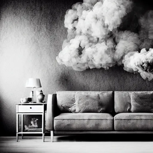 Prompt: inside of burning house living room furniture on fire smoke ashes very cinematic exquisite detail hyperrealism