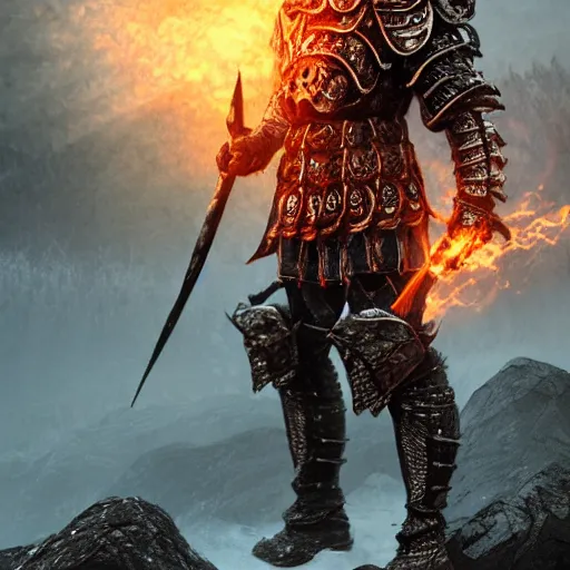 Prompt: full - body - portrait photo brutal nordic warrior, wearing intricate steel armor, holding magical fiery battle - axe, sharp focus, highland landscape with few trees background, magical aura, heroic pose, fantasy style, octane render, volumetric lighting, 8 k high definition, highly detailed, trending on artstation, centered