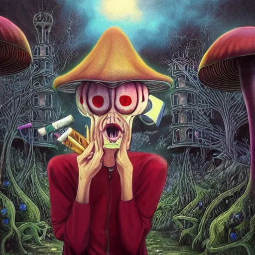 Image similar to a centered chest up portrait of a psychedelic demonic anthropomorphic mushroom smoking a hand - rolled cigarette smoking heavily, magic mushroom village in background. award winning. superb resolution. in the art style of junji ito and greg rutkowski. detailed mushroom city in background. hyper realistic anime. perfect art. dalle 2