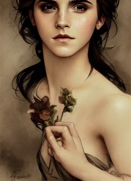 Prompt: emma watson giving seductive look. beautiful detailed face. by artgerm and greg rutkowski and alphonse mucha