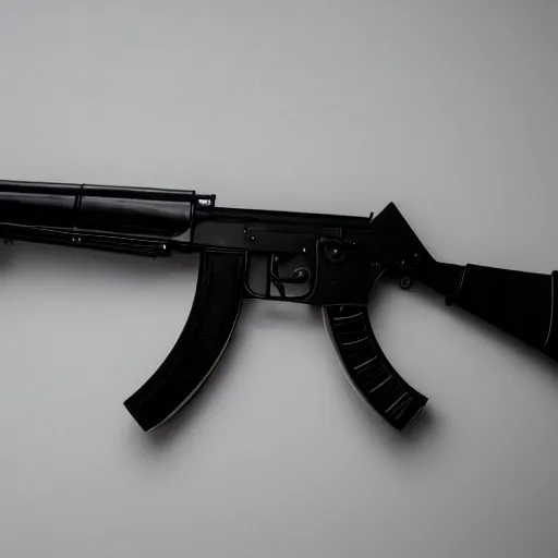 Prompt: A medium shot photograph of an AK-47 against a white background, 4k, ultra HD