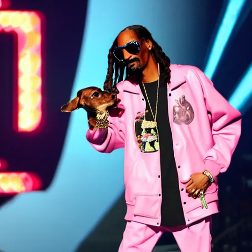 Prompt: Snoop Dogg wearing a pink leather jacket on stage at a music award show holding a dog