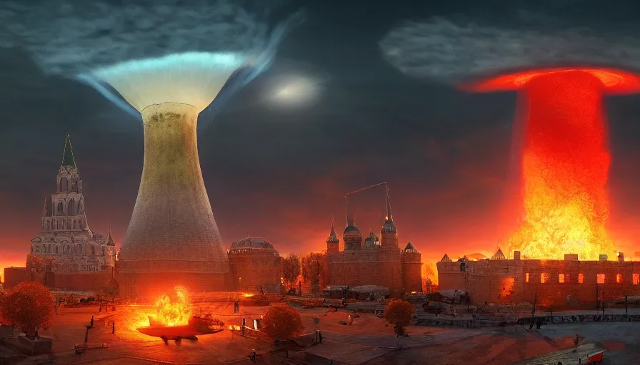 Prompt: a big nuclear explosion with realistic nuclear mushroom in Red Square Kremlin, cinematic, extremely high detail, photo realistic, cinematic lighting, post processed, concept art, artstation, matte painting, unreal engine 8k