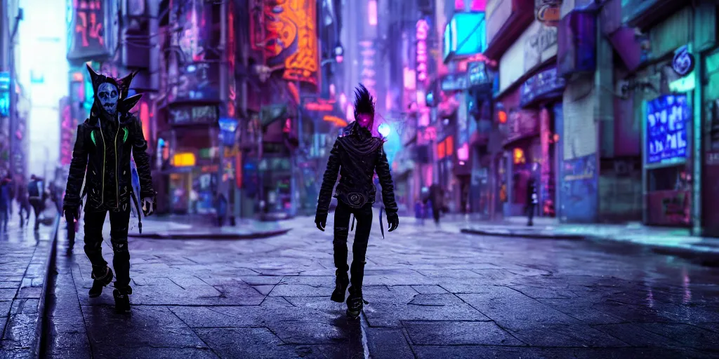 Prompt: a male goblin punk walking down the street in a cyberpunk city, medium distance shot, sharp focus, deep depth of field, light rain, highly detailed face, 8k, unreal engine 5, cinematic lighting, vivid elegant fantasy concept art, character art, cold blue neon atmosphere, artstation, deep complimentary colors, volumetric lighting, photorealistic, hyperdetailed 3D matte painting, hyperrealism, hyperrealistic masterpiece