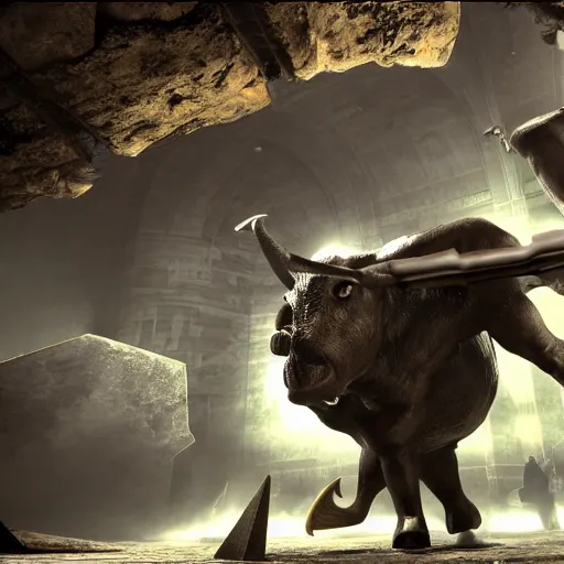 Prompt: men in black fighting a giant minotaur, unreal engine, ray tracing, sword