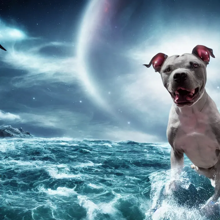 Image similar to photo of a gray coat pit bull with white paws, surfing on a surfboard in a crashing wave of alien ocean in space, background is an alien galaxy, aliens in the background, alien colors, octane render, unreal engine, wide view, 8 k, high detaild