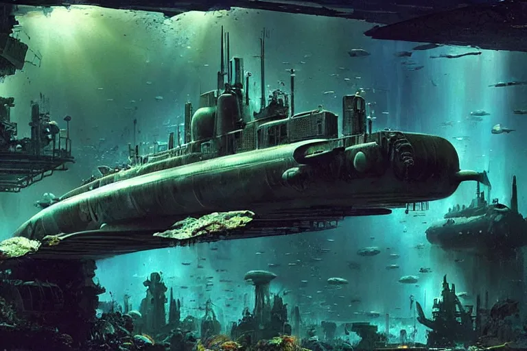 Prompt: a submarine exploring a sunken city, overgrown, dark, cinematic, shadows, 4 k, detailed, by john berkey!!!!!! and peter jackson and ridley scott and beeple!!! and greg rutowski