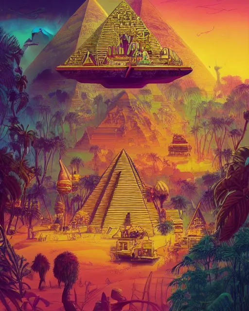 Prompt: egyptian pyramids in the jungle with golden airships, by james jean and simon stalenhag and ian miller and peter mohrbacher, trending on artstation, vibrant psychedelic synthwave color scheme