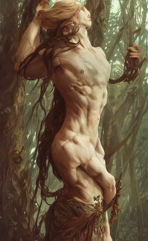 Image similar to God of the forest, pale hair, long hair, gorgeous, amazing, muscular, intricate, highly detailed, digital painting, artstation, concept art, sharp focus, illustration, art by greg rutkowski and alphonse mucha