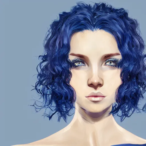 Image similar to pale girl with striking blue eyes and curly black hair in a bob hairstyle, digital art, trending on artstation