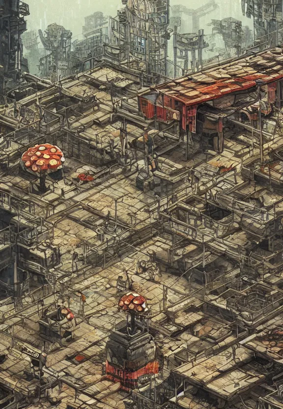 Image similar to [Underground colony with checkered flags, rust and brutalist buildings and little mushrooms. Propaganda poster, intricate, elegant, highly detailed, digital painting, artstation, concept art, matte, sharp focus, illustration, art by Enki Bilal and Moebius]