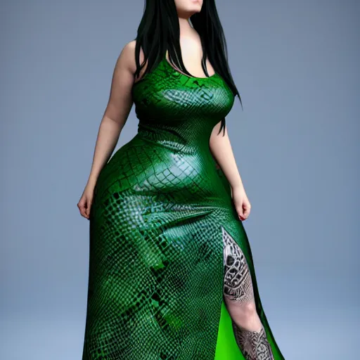 Image similar to curvy feminine hot goth cutie with sublime modest elegant patterned green-black snakeskin leather neck-high gown, cgsociety, photorealistic, comfy ambience, idealistic, 16k, smooth, sharp focus, trending on ArtStation, volumetric lighting, fully clothed, worksafe