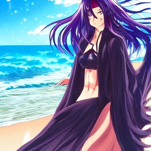 Image similar to anime style, vivid, expressive, full body, 4 k, painting, a cute magical woman with a long wavy black hair at beach, stunning, realistic light and shadow effects, centered, simple background, ikki tousen