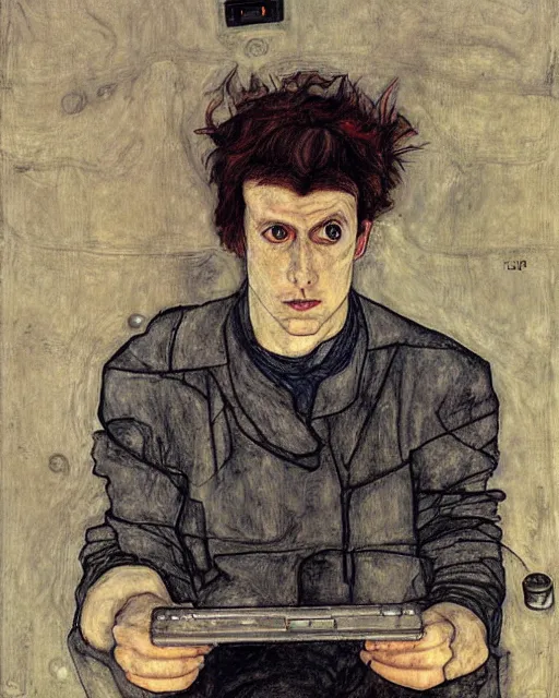 Image similar to portrait of a hacker by egon schiele in the style of greg rutkowski