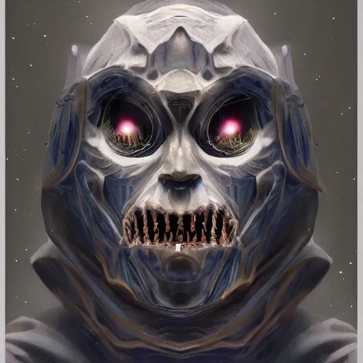 Image similar to award - winning. trending on artstation. 4 k. eerie tone. a faceless astral figure wearing a hooded cape made of the night sky with 1 5 dark blue glowing eyes on its face and rows of teeth on its chest. full - body. portrait.