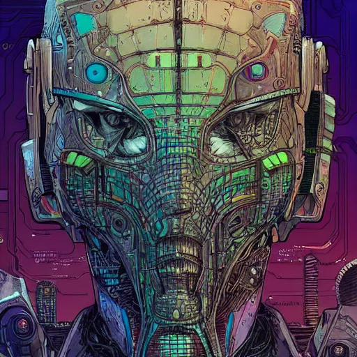 Image similar to portrait of a cybernetic evil lich, cyberpunk concept art by josan gonzales and moebius and enki bilal and and dan mumford and jean claude meziere and philippe druilleg