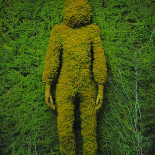 Prompt: a human figure made of moss and flowers