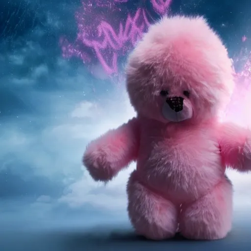 Prompt: fluffy pink teddybear wearing superhero costume, cinematic explosions, dramatic pose