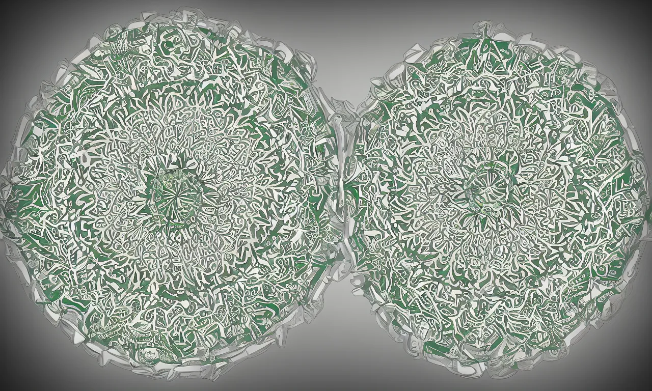 Image similar to fractal mandala ceramic chakra digital color stylized an ancient white bone and emerald gemstone relic, intricate engraving concept 3 d point lighting natural color scheme