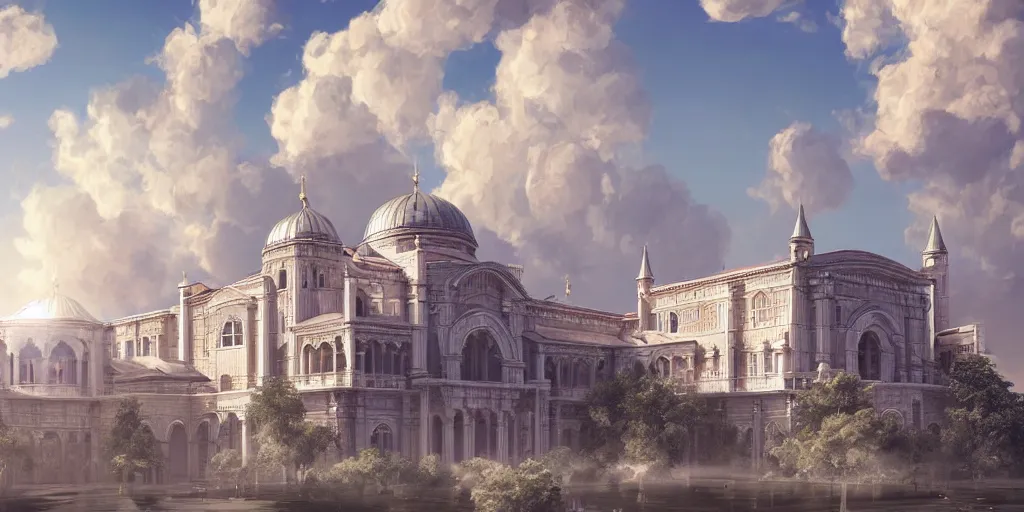 Image similar to beautiful digital illustration of a shining silver Byzantine palace in the sky, fluffy pastel clouds, architecture, concept art, deviantArt, artsation, artstation HQ, HD, 16k resolution, smooth, sharp detail, amazing depth, octane, finalRender, Unreal Engine