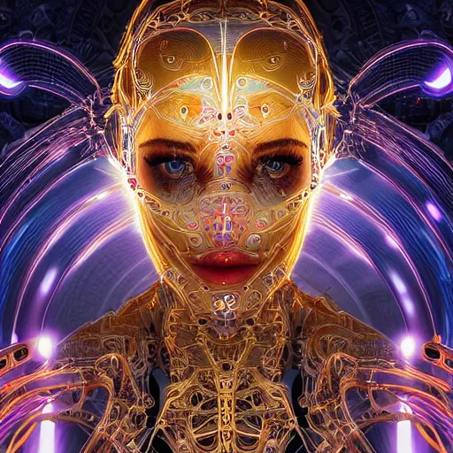 Prompt: very beautiful woman integrating with technology, full face frontal centered, portrait, insipiring, detailed intricate ornate neon pulsating cables connected to head, robotic eyes, luxurious detailed abundent wiring and implants, gold, renaissance, sci - fi, detailed technology background with cyber flowers and insects, dramatic lighting, photography, highly detailed, artstation, 8 k,