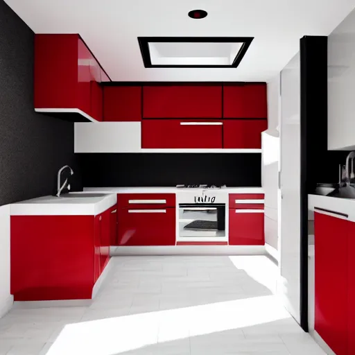 Image similar to photo of black kitchen fronts and furniture, red walls, white floor tiles, architecture, concept art