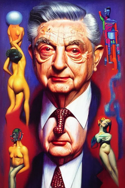 Image similar to 8 0 s art deco portrait of george soros, like a dream oil painting curvalinear clothing cinematic dramatic cyberpunk textural fluid lines otherworldly vaporwave interesting details fantasy lut epic composition by basquiat zdzisław beksinski james jean artgerm rutkowski moebius francis bacon gustav klimt