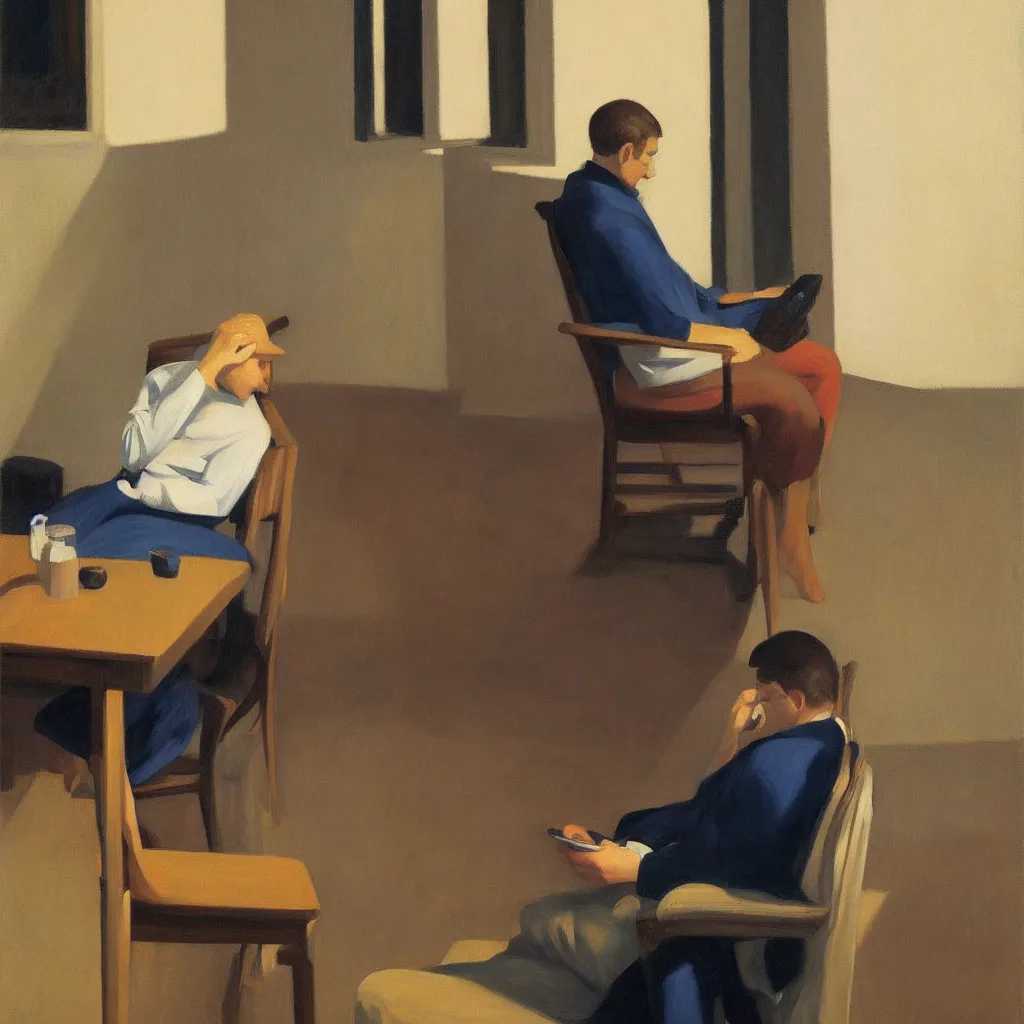 Image similar to i, a portrait of a young man sitting on a chair playing his iphone, by edward hopper