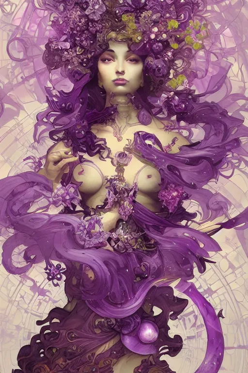 Image similar to purple explosion, amethyst, magical, painted purple, rpg, icon, vector style, by nekro, peter mohrbacher, alphonse mucha, brian froud, yoshitaka amano, kim keever, victo ngai, james jean