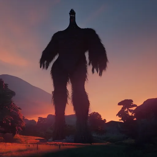 Prompt: a huge shadow creature towering over the town dramatic sunset lighting, artstation, 8k unreal engine