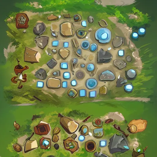 Prompt: A game assets spritesheet from dofus Online, tree of savior and mobile. HD vector Containing modular props, terrain, trees, floor, bricks, platform, vector art, very detailed