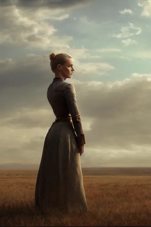 Prompt: evan rachael wood, in westworld standing in front of a western plain, art by alice x. zhang