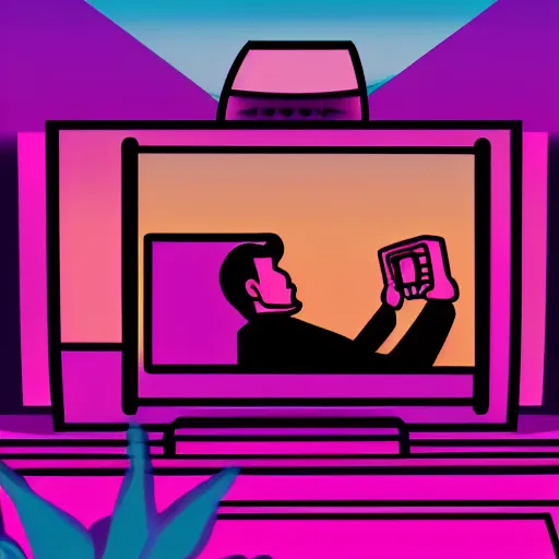 Prompt: an illustration of a man watching television, flat synthwave art style