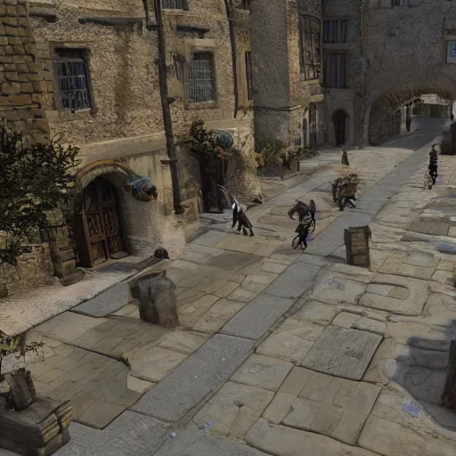 Image similar to detailed medieval fantasy streets with people walking around, unreal engine 5 rendered, incredibly highly detailed and realistic, 8 k, sharp focus, studio quality