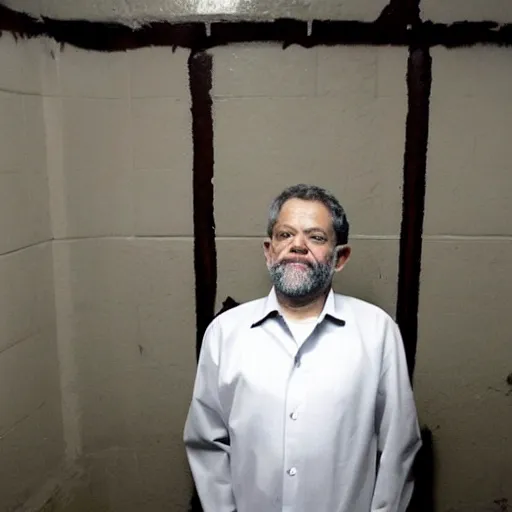 Prompt: Luis Inácio Lula da Silva with prison clothes in Jail, photograph