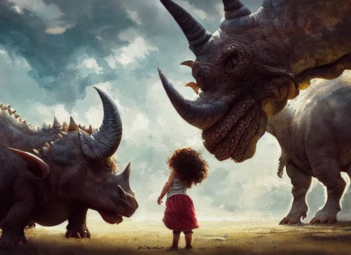 Image similar to a cute little girl with wavy curly brown hair meets a triceratops. beautiful painting by greg rutkowski