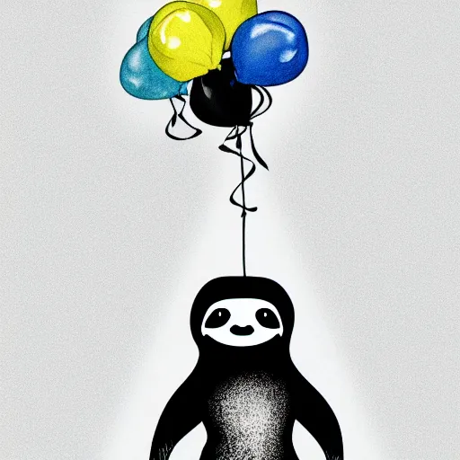 Prompt: book illustration of a sloth holding balloons, book illustration, monochromatic, white background, black and white image