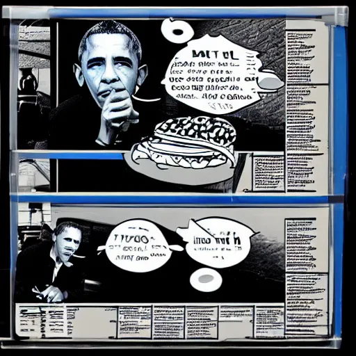 Image similar to barack obama smoking burger. film strip. 9 frames.