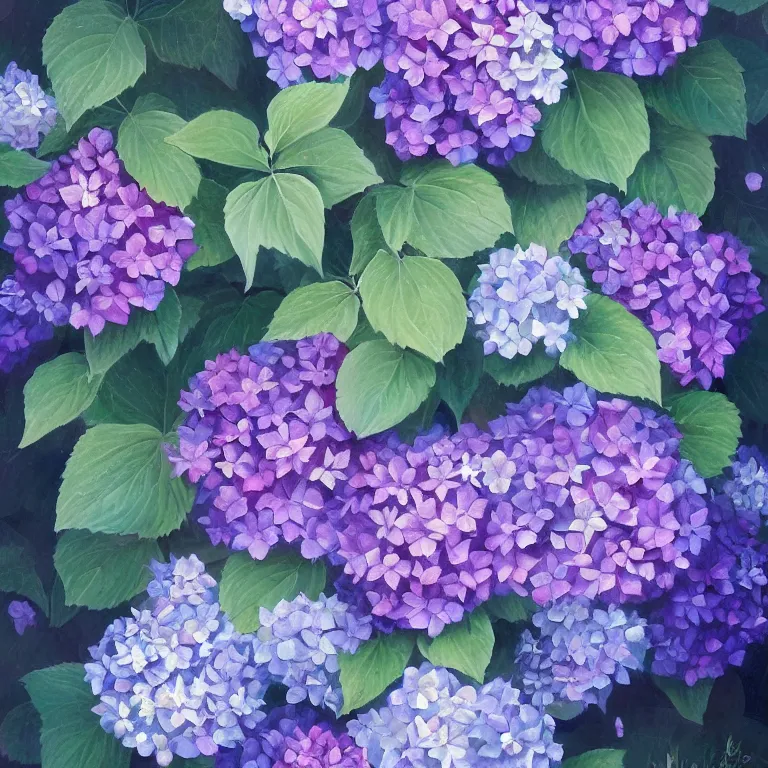 Image similar to a beautiful painting of hydrangea, clematis theme logo, clematis theme banner, clematis design, clematis in the deep sea, clematis like stars in the sky, hydrangea, trending on artstation, warm light, lovely and cute, fantasy art, 8 k resolution, highly detailed