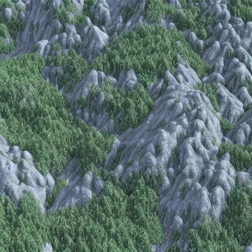 Image similar to simulated 3D grid mesh of a landscape map of a mountain forest region, rendered in high detail, 8K UHD