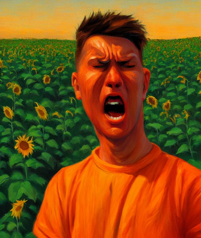 Image similar to a closeup portrait of a man in an orange prisoner overall, standing in beautiful sunflower field, screaming and sad, highly detailed, aesthetic stars in the sky, in the style of edward hopper, very fine brush strokes, 4 k,