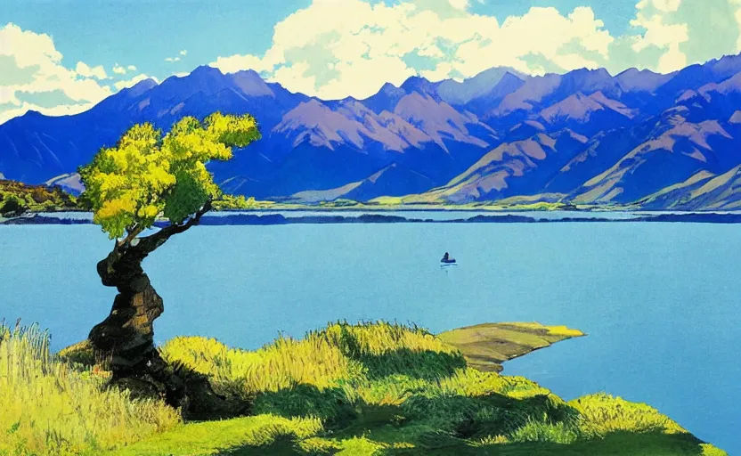 Image similar to scenery of Lake Wānaka, summer palette, by Studio Ghibli, Hayao Miyazaki