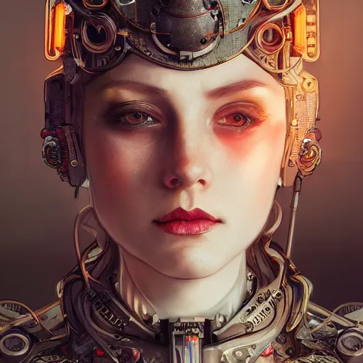 Prompt: portrait futuristic queen elizabeth steampunk half - cyborg, neon light rooftop, fantasy, intricate and very very beautiful and elegant, highly detailed, digital painting, artstation, concept art, smooth and sharp focus, illustration, art by tan zi and ayanamikodon and alphonse mucha and wlop