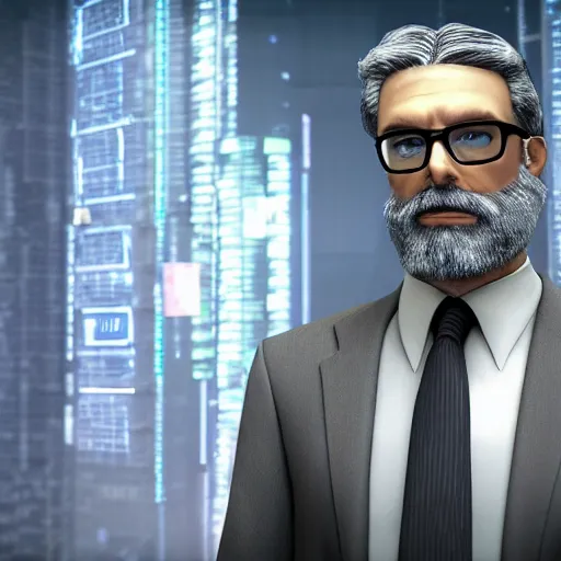 Prompt: corporate man in a gray suit with white shirt and glasses, with facial features how wallace breen, with gray hair and a beard, av - 4 in cyberpunk on background, detailed portrait, sharp focus