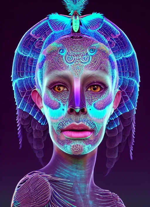 Prompt: 3 d goddess butterfly face portrait, sigma 5 0 0 mm f / 5. global illumination beautiful intricate highly detailed quetzalcoatl skull and feathers. bioluminescent, plasma, lava, ice, water, wind, creature, thunderstorm! artwork by tooth wu and wlop and beeple and greg rutkowski, 8 k trending on artstation,