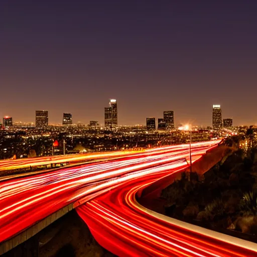 Image similar to los angeles california including interstate 5, blue hour photography, light trails, photorealistic, cinematic lighting, highly detailed