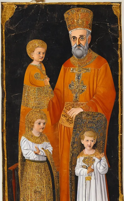 Image similar to photograph of a smiling byzantine emperor with his beloved son and daughter,